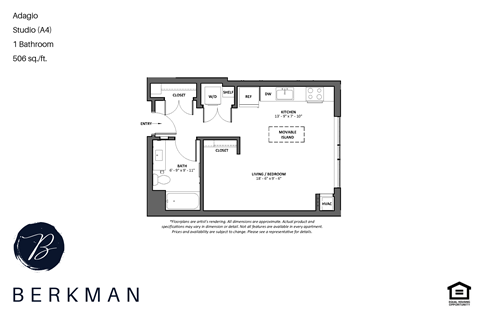 Floor plan for studio, 1 bath, 506 sqft